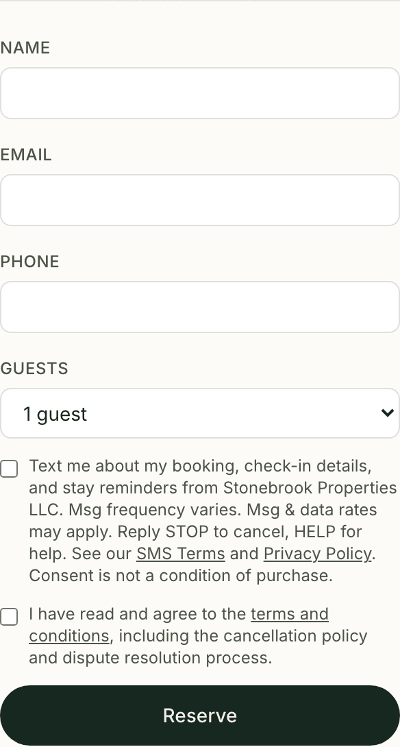 The guest details form on a listing page, with the unchecked SMS consent checkbox